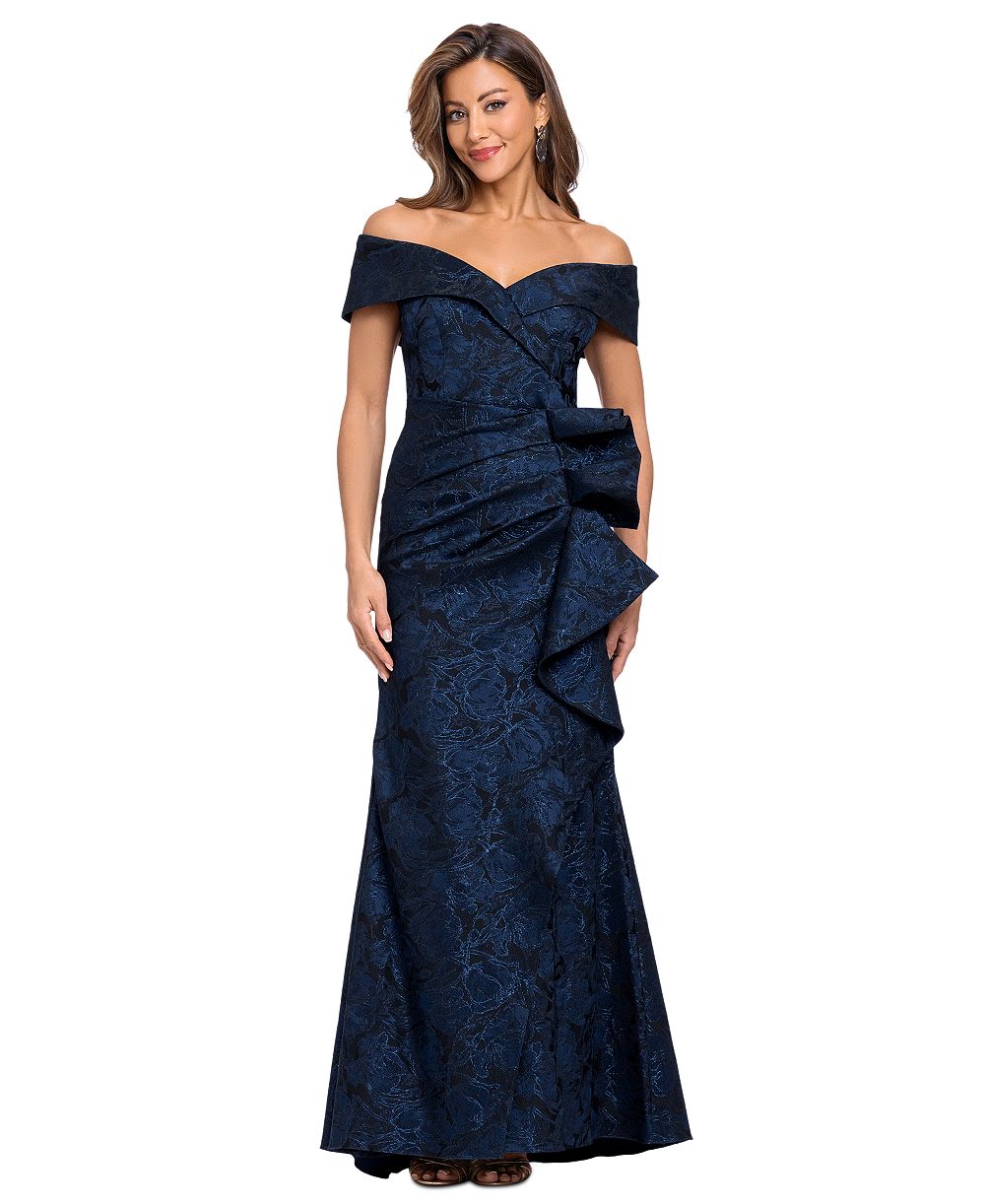 XSCAPE Women's Off-the-Shoulder Brocade Ruffle Gown