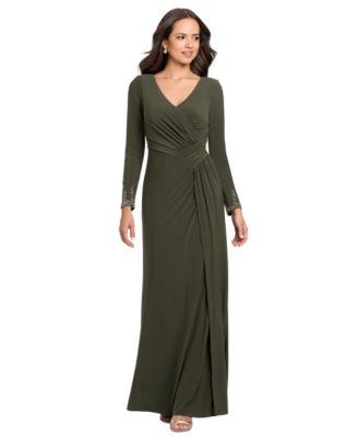 Betsy & Adam Women's V-Neck Gown with Embellished Cuff