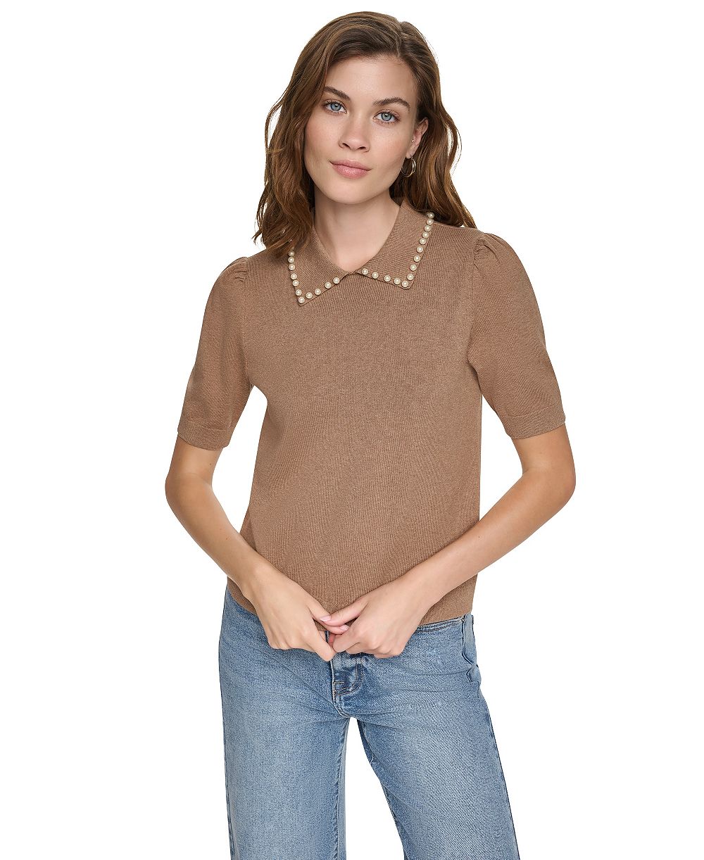 DKNY Jeans Petite Embellished Short-Puff-Sleeve Polo Sweater