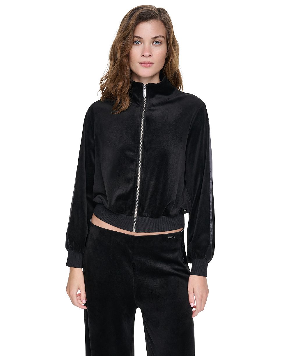 DKNY Jeans Petite Velour and Satin Trim Mock-Neck Zip-Front Jacket