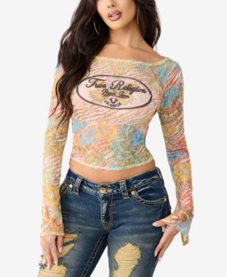 True Religion Women's Butterfly Lace Boat-Neck Long-Sleeve Top