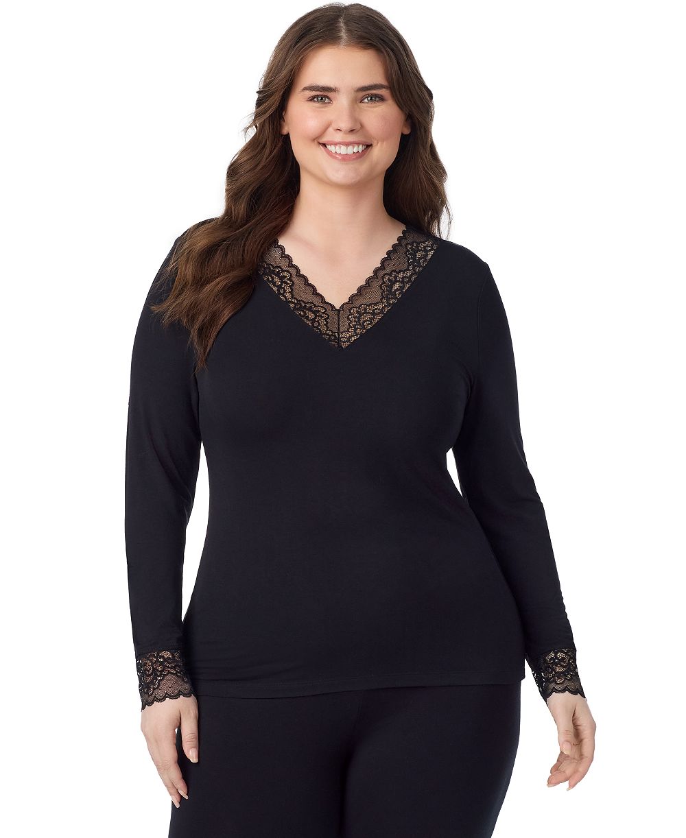 Cuddl Duds Plus Size Softwear with Stretch Long-Sleeve V-Neck with Lace Top