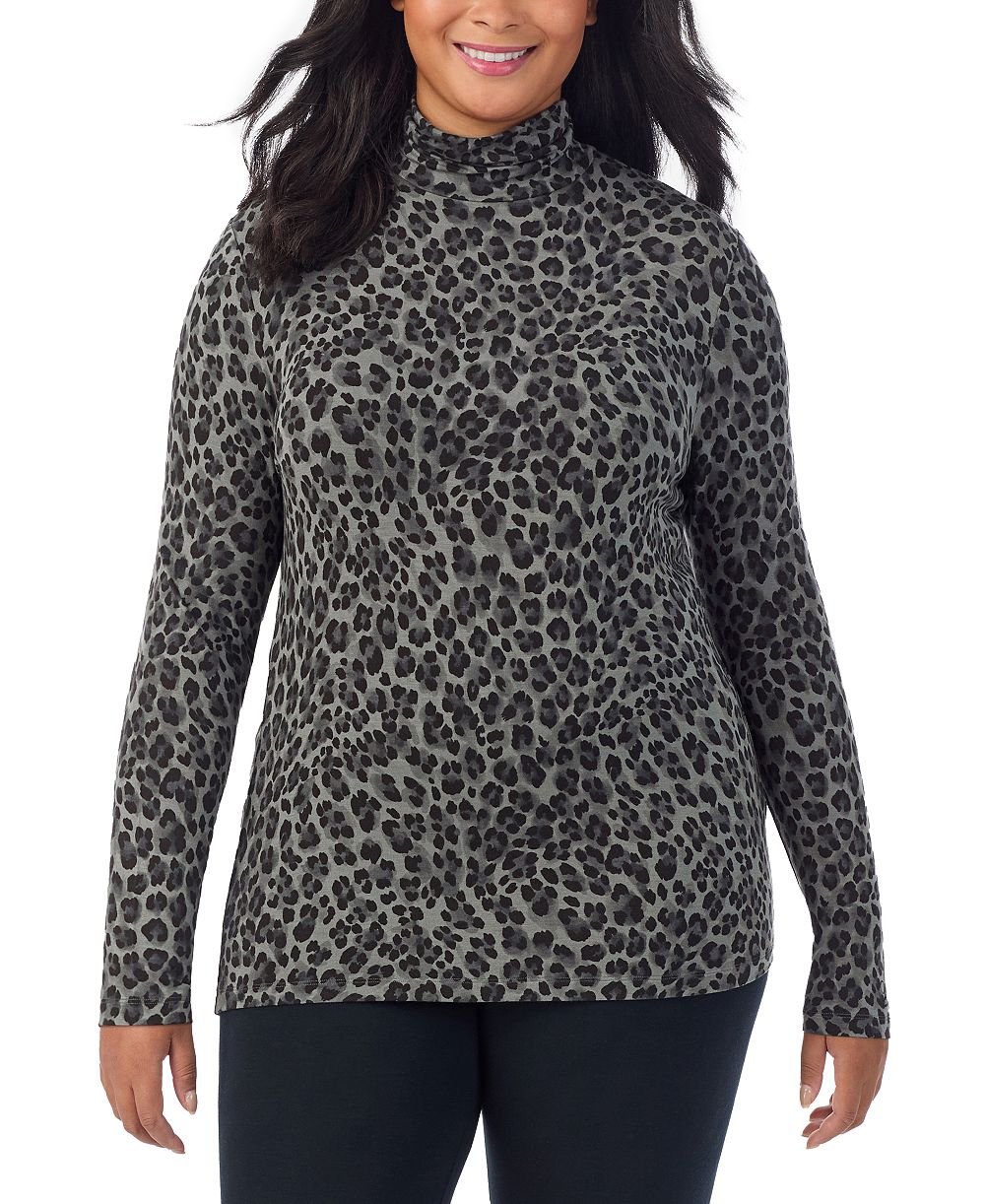 Cuddl Duds Plus Size Softwear with Stretch Turtleneck Animal-Print Long-Sleeve Top