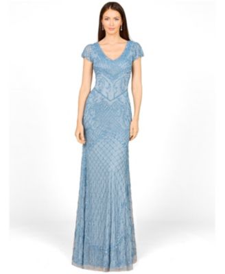 Lara Women's Beaded Cap Sleeve Gown With V-Neckline