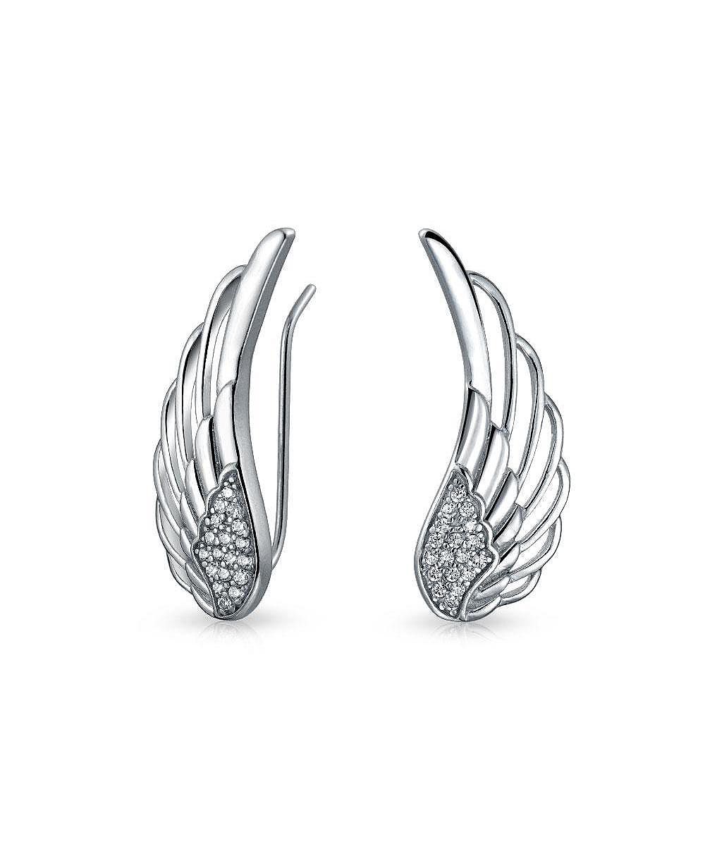 Bling Jewelry Spiritual Guardian Angel Wing Ear Pin Crawler Climber Earrings Pave CZ Accent .925 Sterling Silver