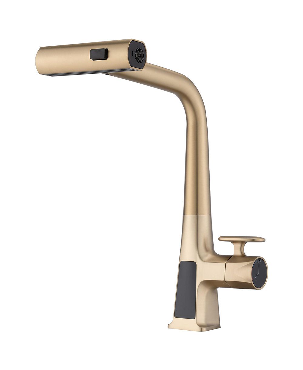 PHYING Brushed Gold Waterfall Kitchen Faucet with Temperature Display Single Handle Pull Down Sprayer Faucet Three Water Outlet Modes