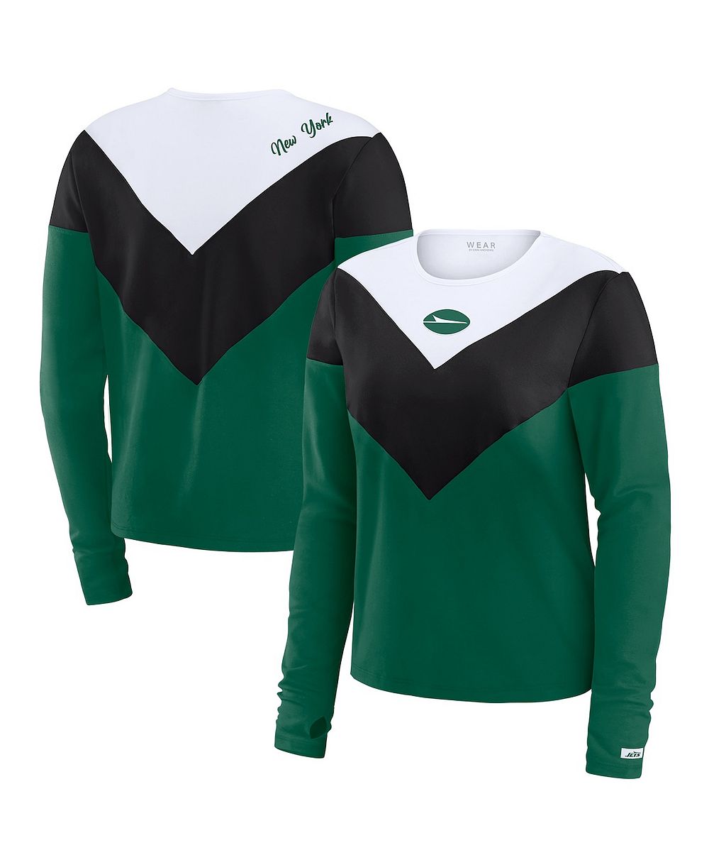 Женская футболка WEAR by Erin Andrews New York Jets Plus Size Chevron Tri-Blend с длинным рукавом, зеленая/черная