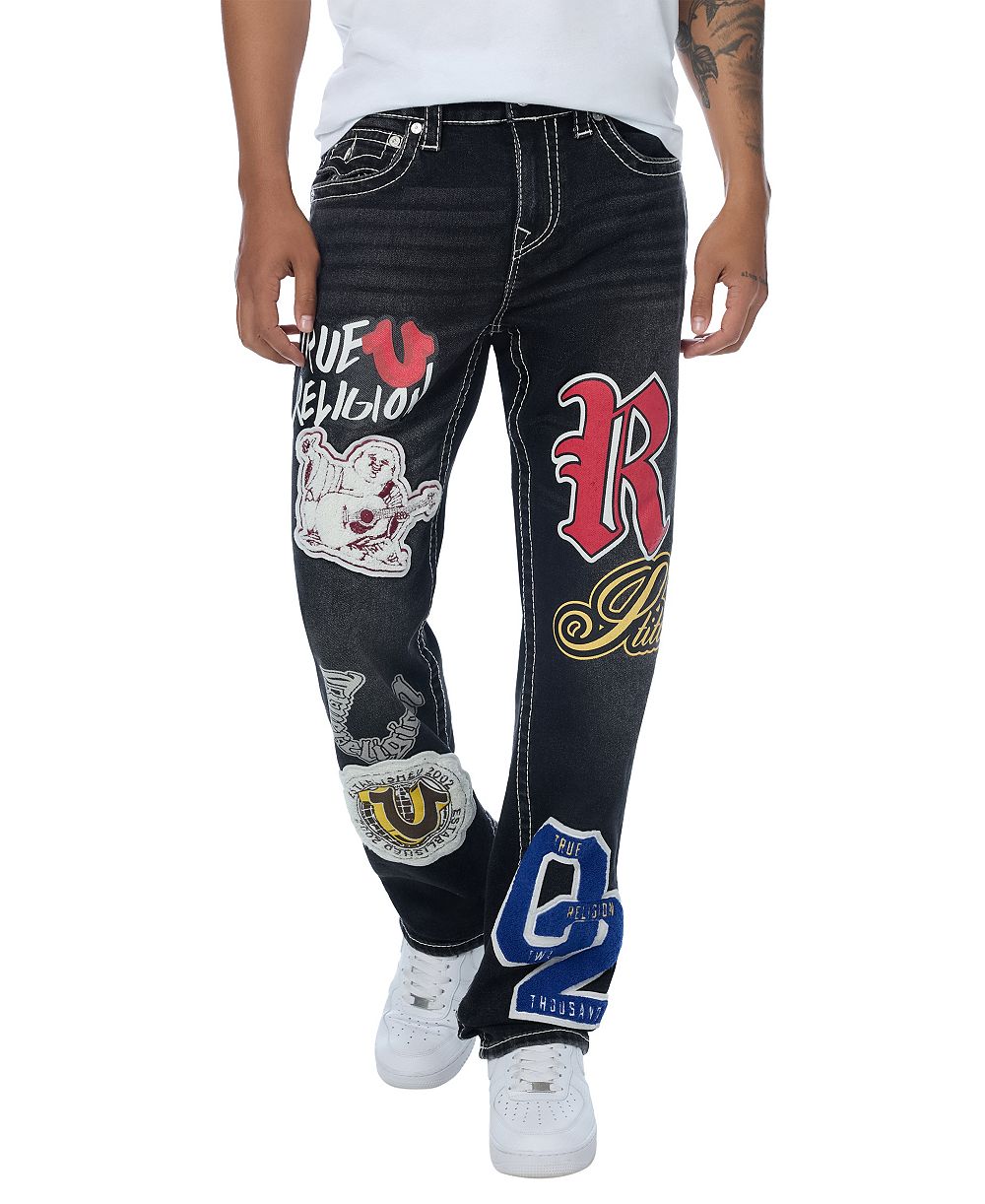 True Religion Men's Ricky Straight-Leg Graphic Patches Big T Stitching Jeans