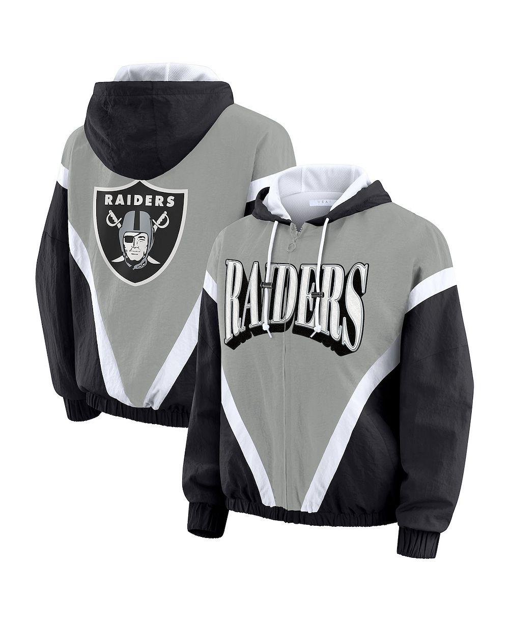 WEAR by Erin Andrews Women's Black/Gray Las Vegas Raiders Plus Size Retro Crinkle Full-Zip Hoodie Windbreaker Jacket