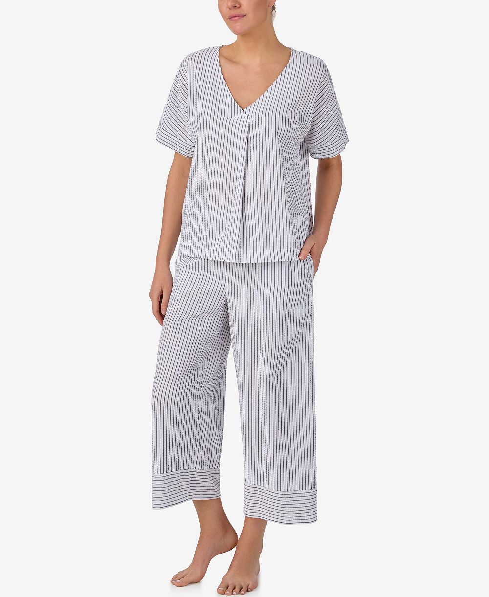 DKNY Women's Seersucker V-Neck Dolman Short-Sleeve Top and Pants Pajama Set