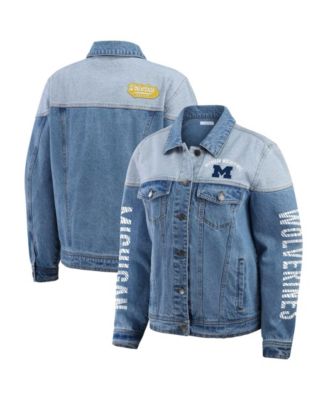WEAR by Erin Andrews Women's Denim Michigan Wolverines Sleeve Hit Color Block Button-Down Denim Jacket