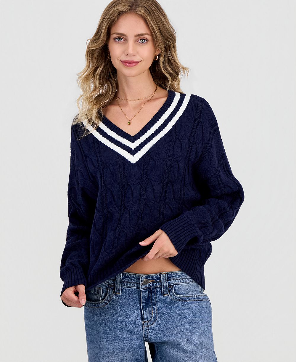 Hippie Rose Juniors' V-Neck Varsity Cable-Knit Sweater