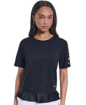 KARL LAGERFELD PARIS Women's Crewneck Short-Sleeve Pleated-Hem Blouse