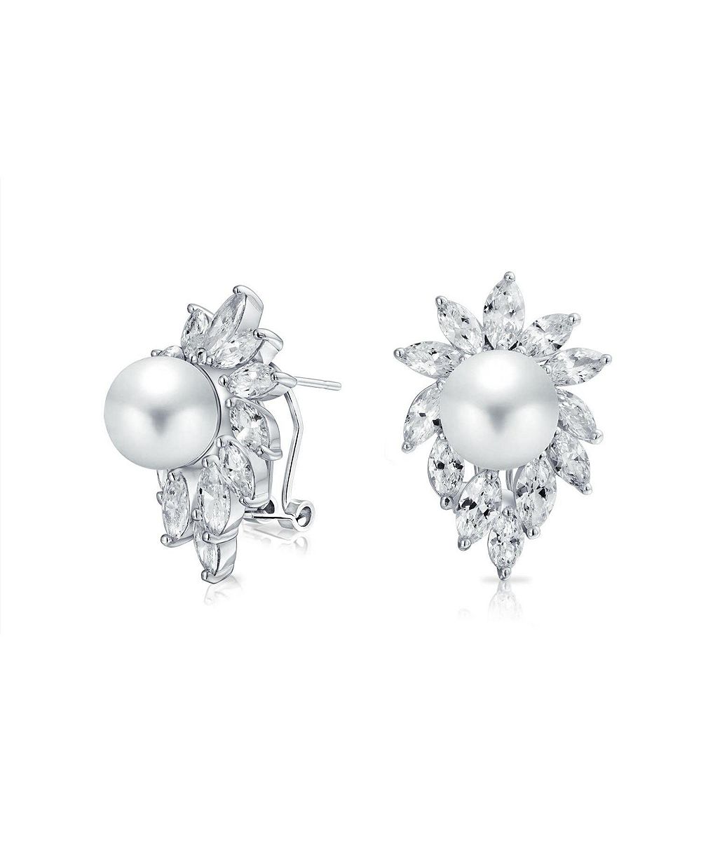 Bling Jewelry серьги-гвоздики с листом коктейля, ореолом из фианитов, маркизным камнем 10MM и жемчужиной, застежка омега для проколотых ушей