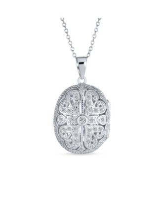 Bling Jewelry Antique Style Heart and Clover Oval Keepsake Photo Locket Necklace Gold Plated Sterling Silver