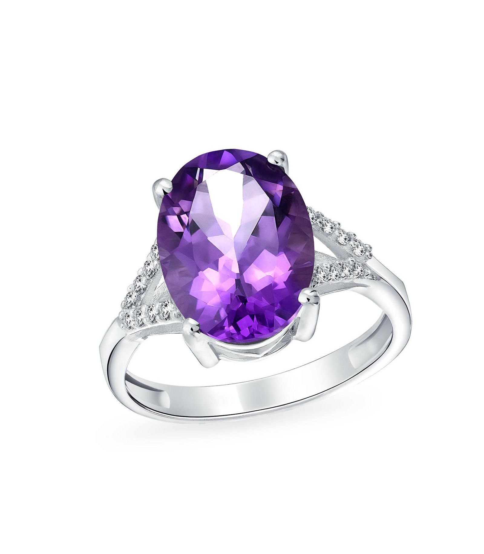 Bling Jewelry Classic Oval Gemstone Halo Statement Ring 3.8CT CZ Purple Amethyst, Zircon .925 Sterling Silver