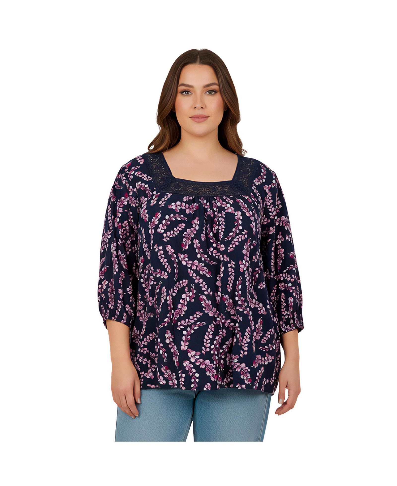 AVENUE Women's Lace Neckline Peasant Blouse