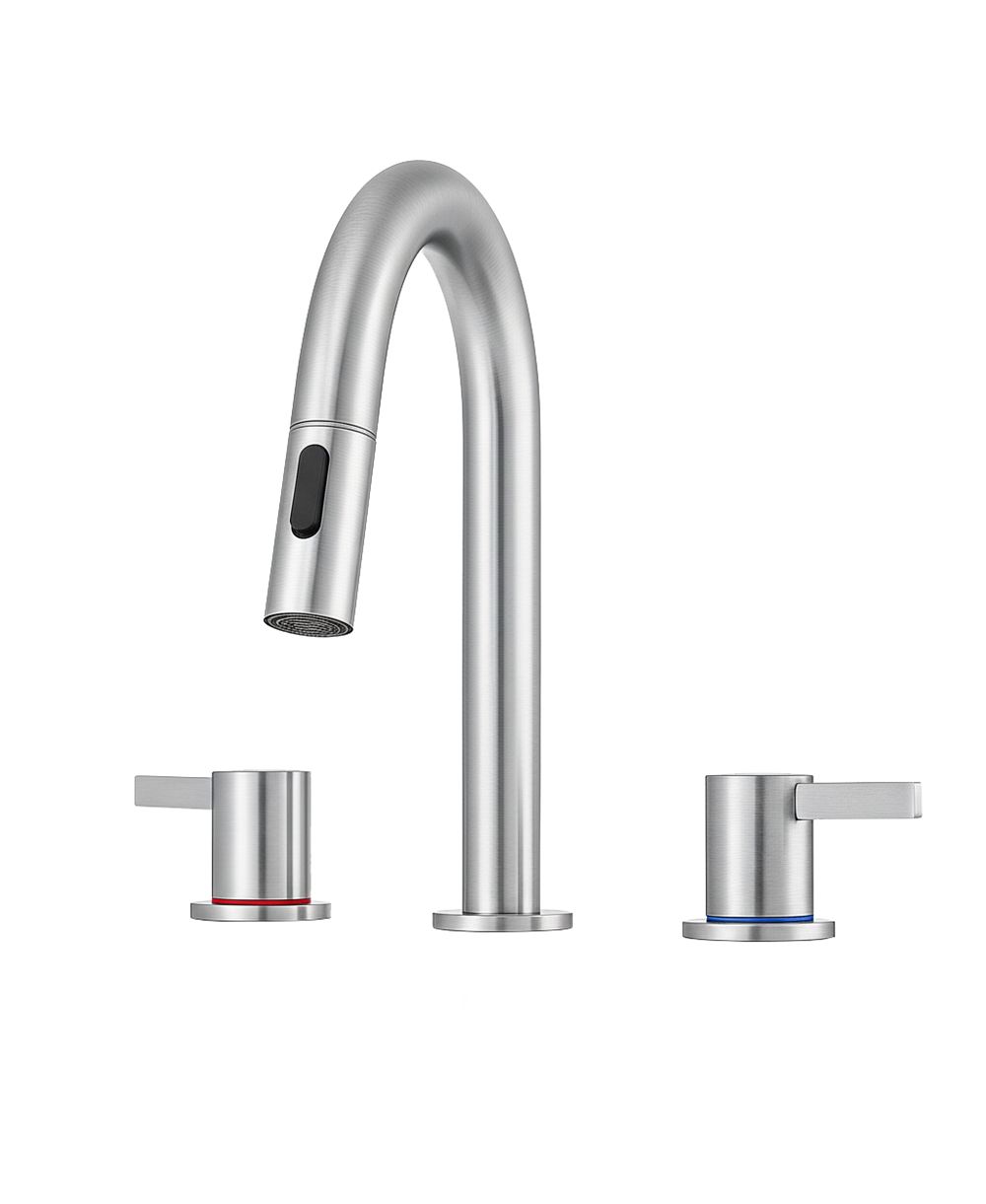 PHYING 8-Inch Widespread Lavatory Faucet, 2-Handle 3-Hole with Pop-Up Drain and 360degree(s) Pull-Down Sprayer, Brushed Nickel