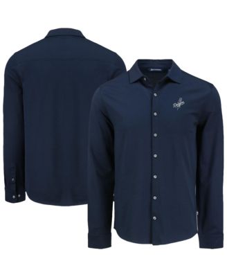 Мужская рубашка Cutter & Buck Navy Los Angeles Dodgers Knitted Advantage Tri-Blend Eco Soft Pique Long Sleeve Button-Up
