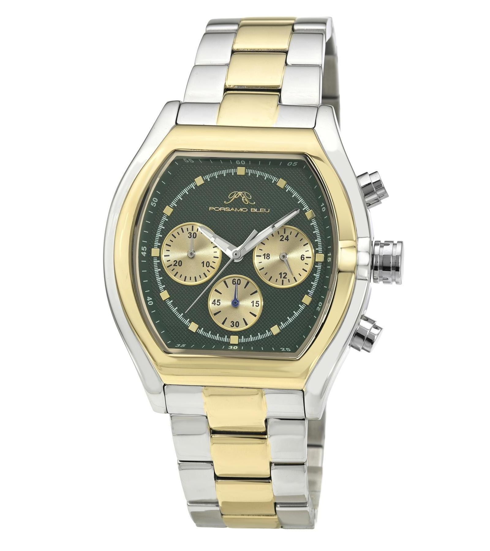Porsamo Bleu Men's Roman Chronograph Two-Tone Stainless Steel Bracelet Green Dial Watch 42 mm