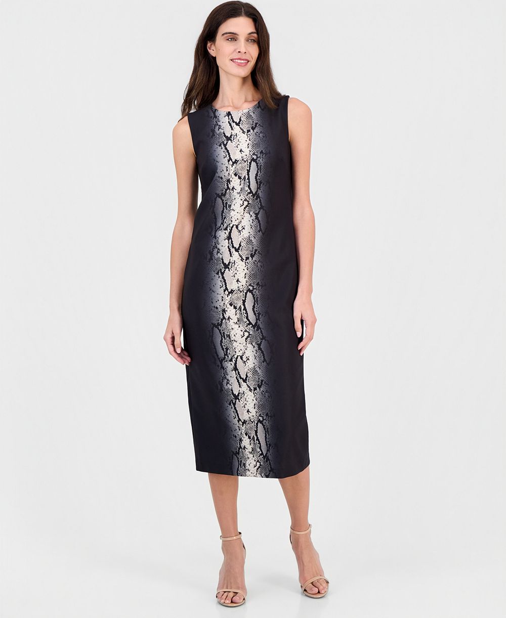 Женское миди-платье Anne Klein Animal-Print Jewel-Neck