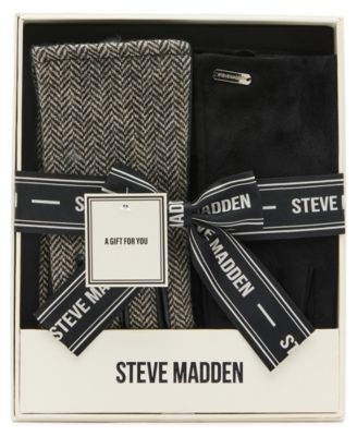 Steve Madden 2-Piece Herringbone and Faux Leather Glove Set