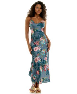 KATIA RAE Women's Floral-Print Satin Asymmetric Ruffle Hem Midi Slip Dress