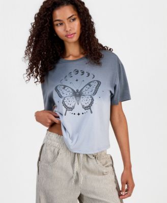 Rebellious One Juniors' Butterfly Moon Graphic Print T-Shirt