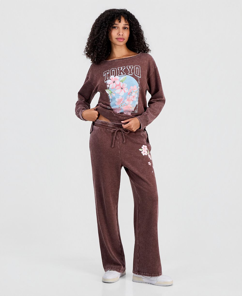 Rebellious One Juniors' Tokyo Flower Fleece Sweatpants