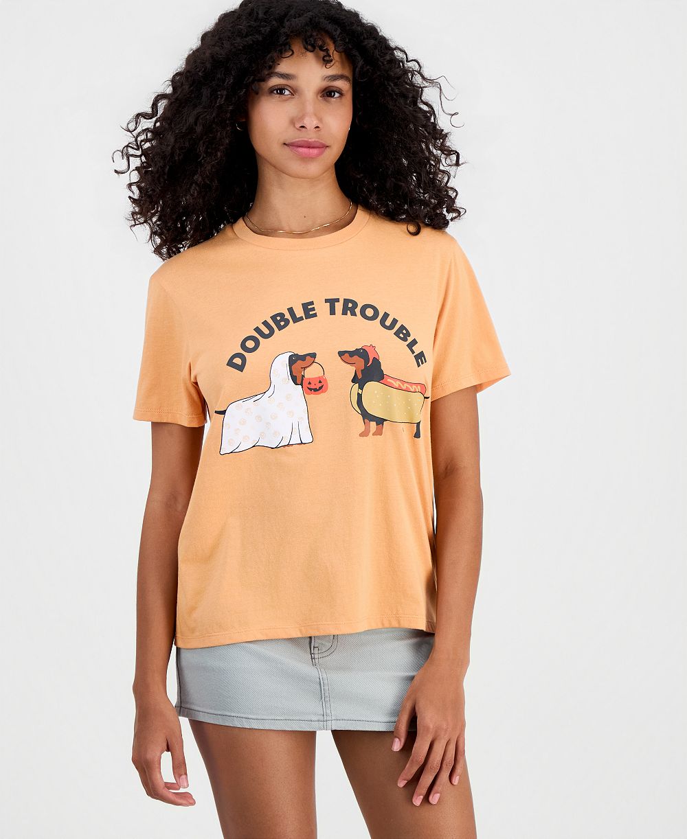 Love Tribe Juniors' Double Trouble Dog Crewneck Tee