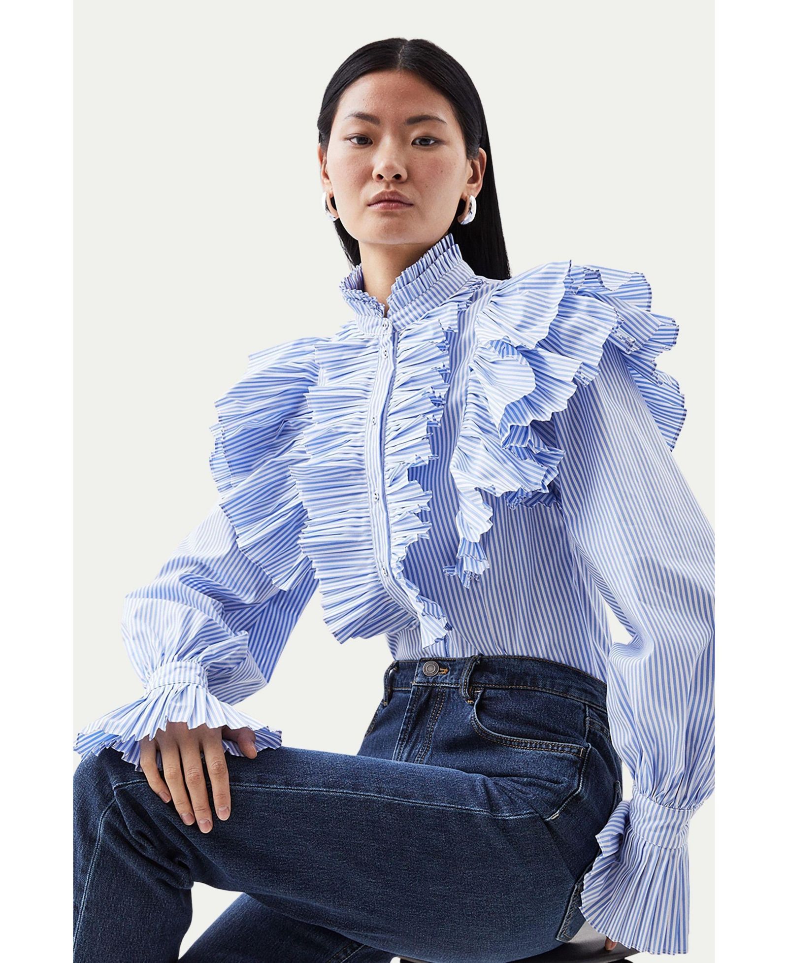 Karen Millen Women's Pleated Striped Ruffle Woven Shirt