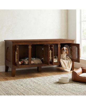 6thdruple Rattan Decor Dog Crate, Rubber Wood Cabinet Furniture with 4 Doors for Living Room