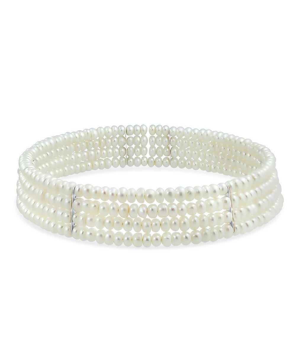 Bling Jewelry Широкое чокер-ожерелье из белого речного жемчуга в 4 ряда с золотым акцентом