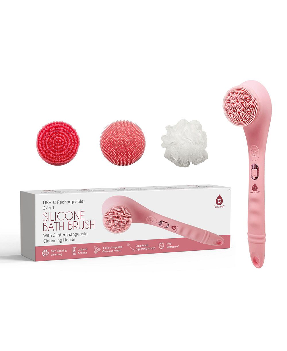 PURSONIC Rechargeable Waterproof Silicone Bath Brush with 3 Interchangeable Brush Heads