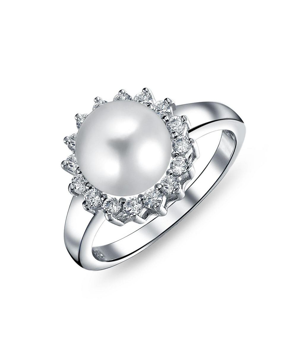 Bling Jewelry Classic Faux Pearl Cocktail Ring CZ Halo Solitaire .925 Sterling Silver