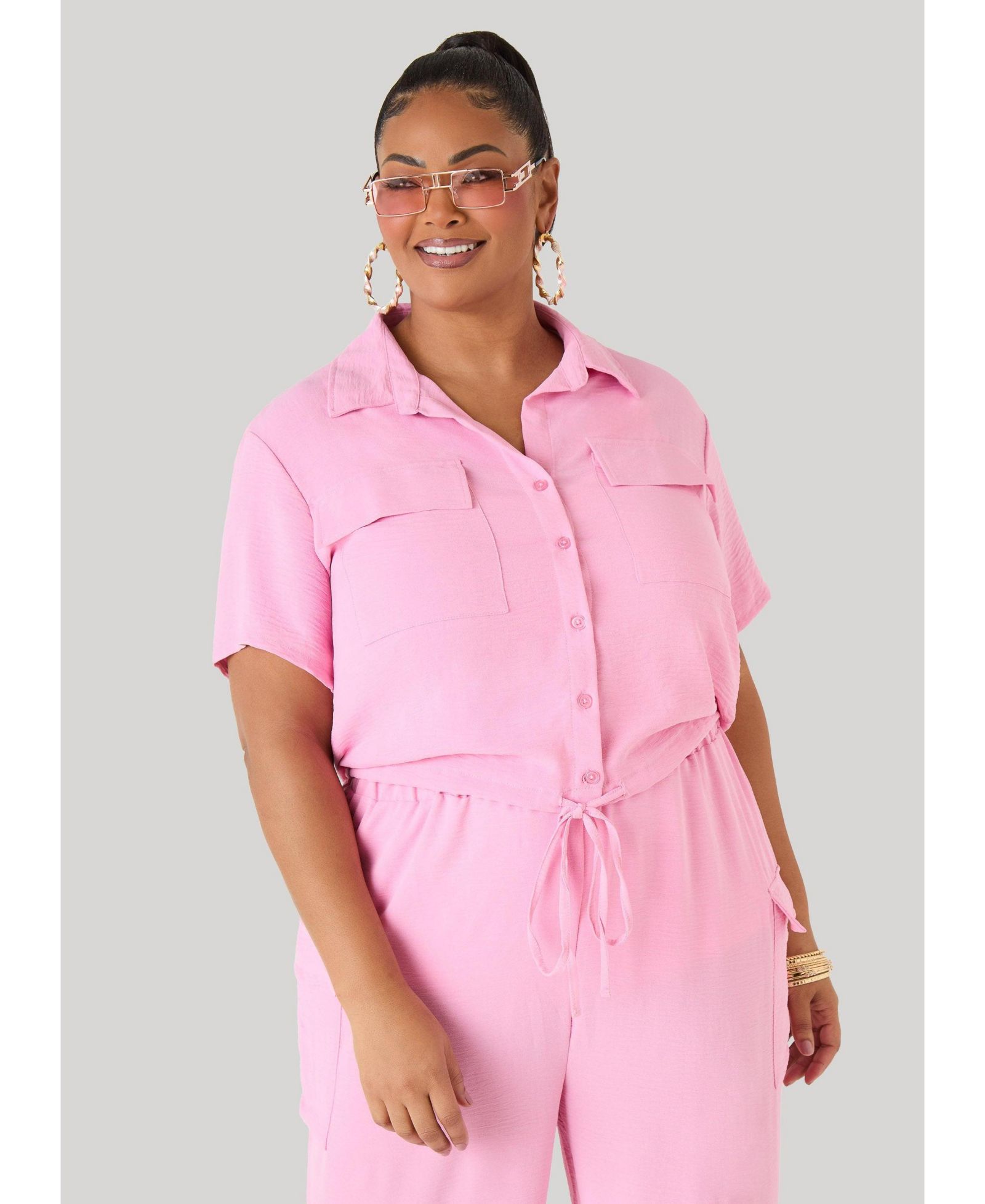 Ashley Stewart Plus Size Drawstring Cropped Shirt