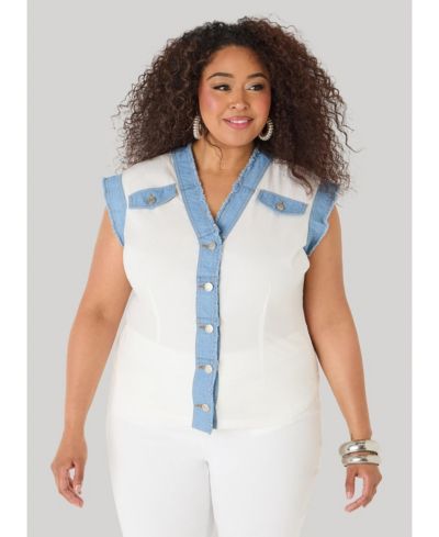 Ashley Stewart Women's Plus Size Denim Trimmed Cotton Shirt