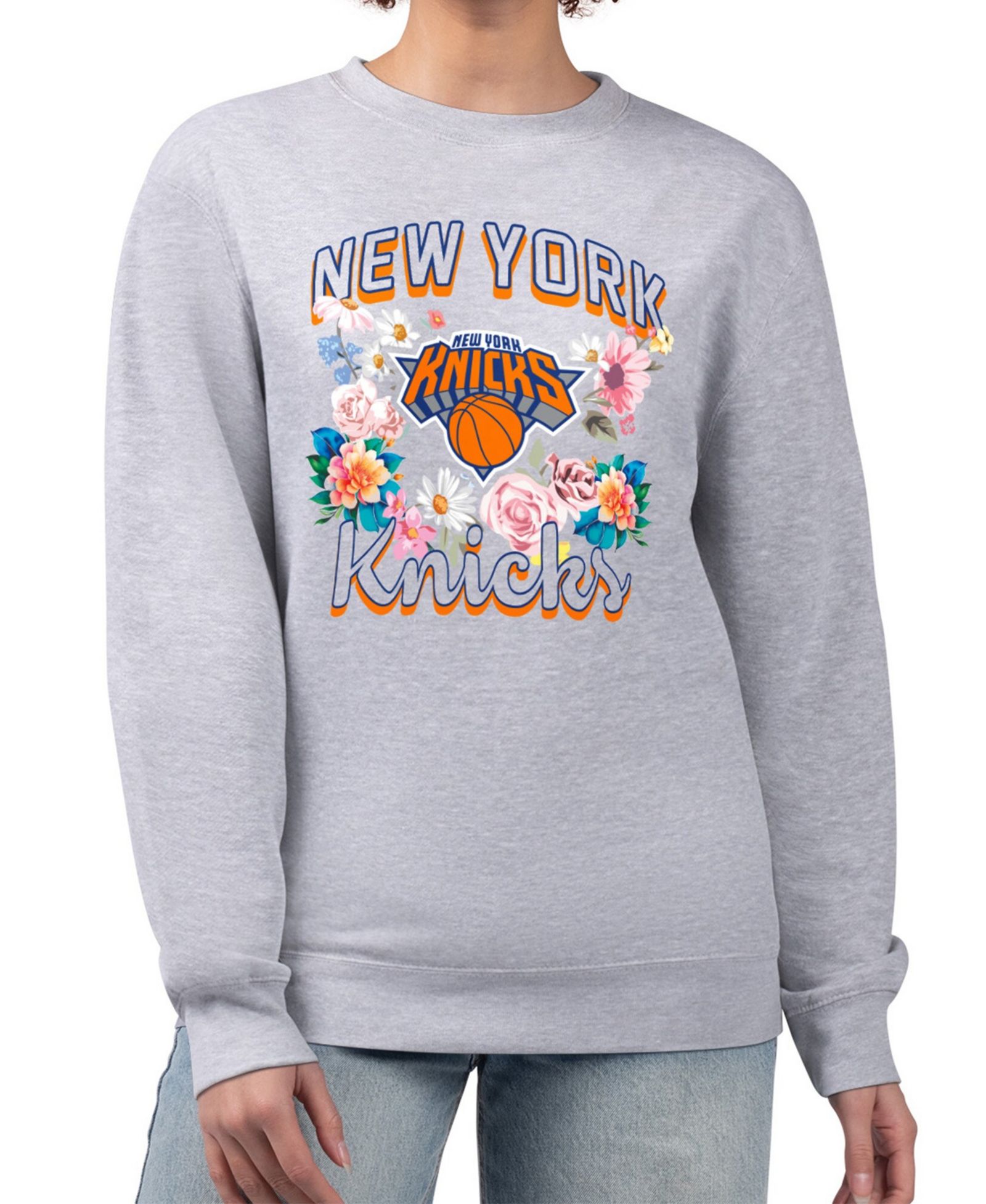 Женское свитшот G-III 4Her by Carl Banks Heather Gray New York Knicks Flowers Team Logo Graphic Fleece Crewneck Pullover