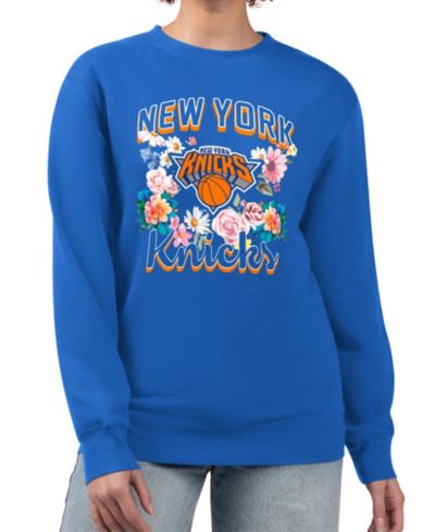 G-III 4Her by Carl Banks Women's Blue New York Knicks Flowers Team Logo Graphic Fleece Crewneck Pullover Sweatshirt