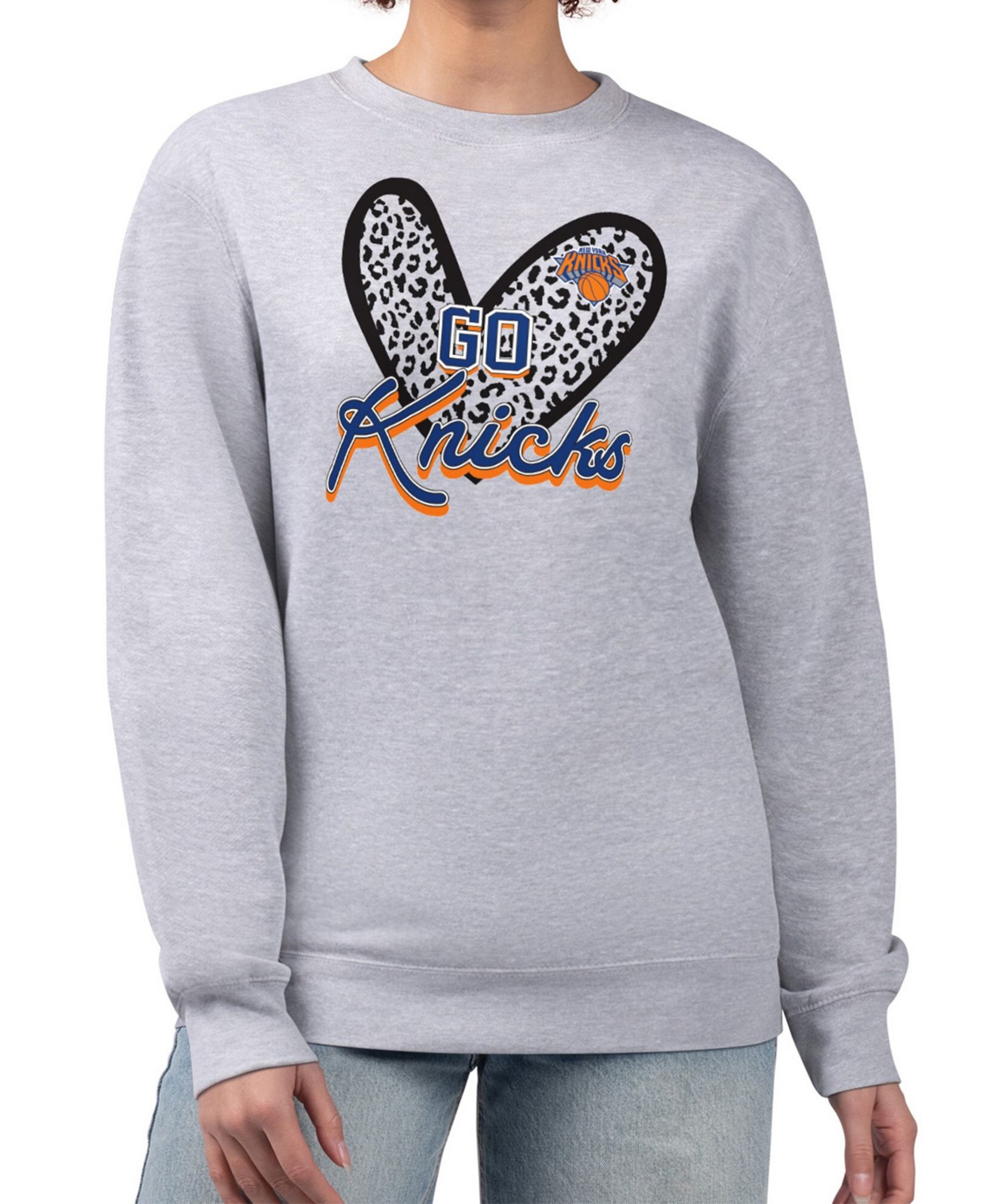G-III 4Her by Carl Banks Women's Heather Gray New York Knicks Leopard Heart Fleece Pullover Sweatshirt
