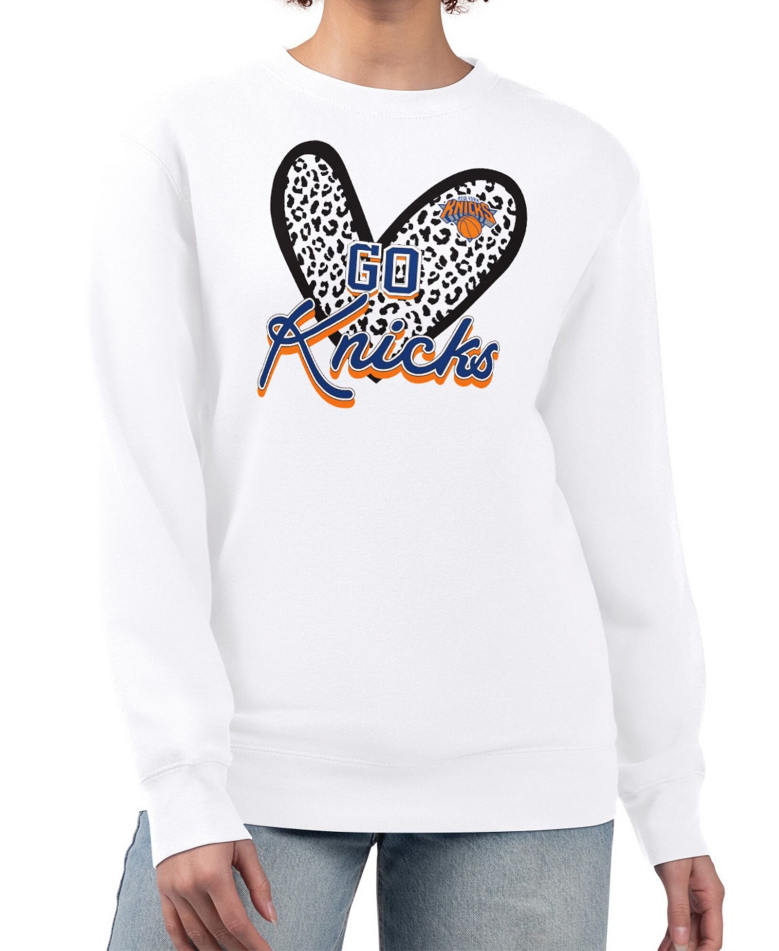 G-III 4Her by Carl Banks Women's White New York Knicks Leopard Heart Fleece Pullover Sweatshirt