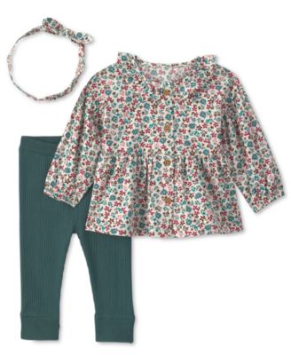 Carters' Baby Girls' Long-Sleeve Floral Top, Pants and headband, 3-Piece Set