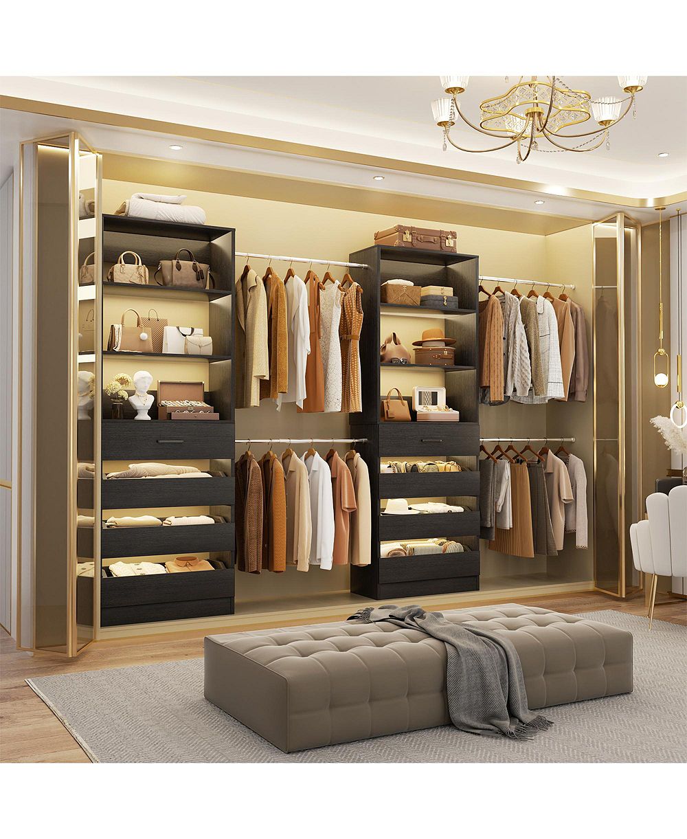 Aheaplus Closet System with 8 Wooden Drawers and 4 Hanging Rods, Wooden Closet Organizer