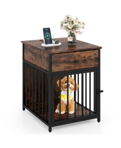 RUIE Wooden Dog Crate Side Table with Storage Drawer and USB Charging Station