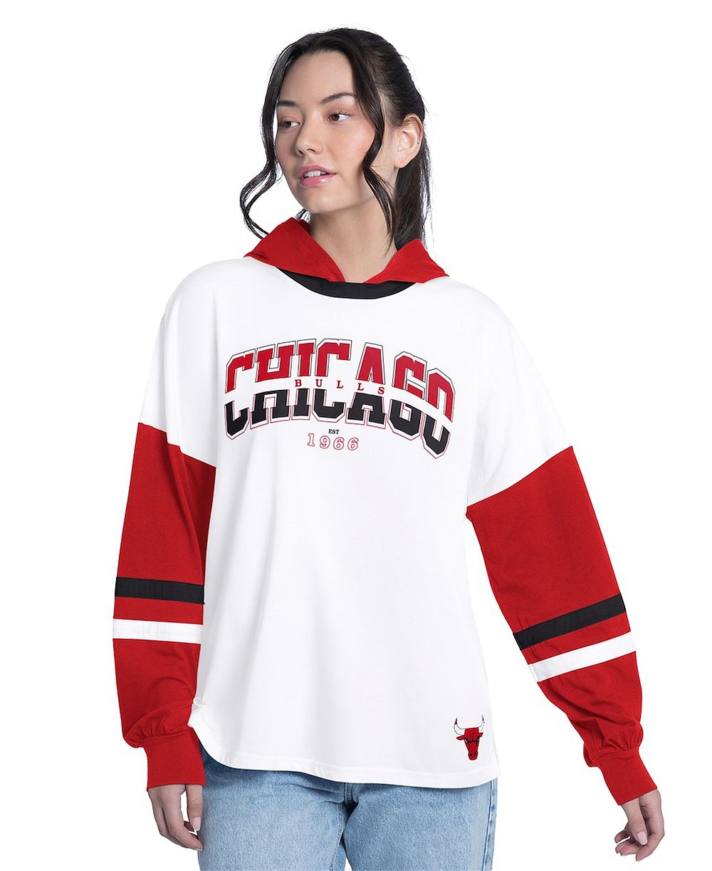 Женская футболка G-III 4Her by Carl Banks White/Red Chicago Bulls Key Player Oversized Hooded Long Sleeve