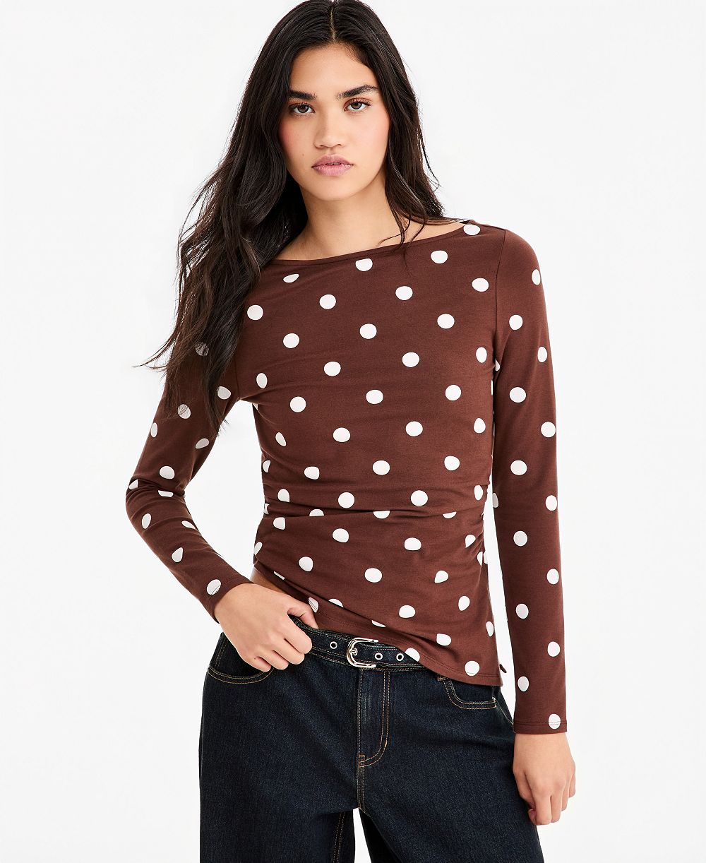 Madden Girl Juniors' Printed Boat Neck Long Sleeve Top