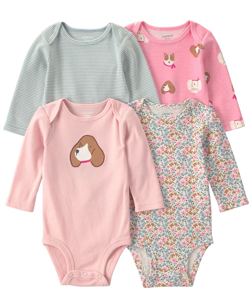Carter's Baby Girls' Long-Sleeve Dog Bodysuits, 4-Pack