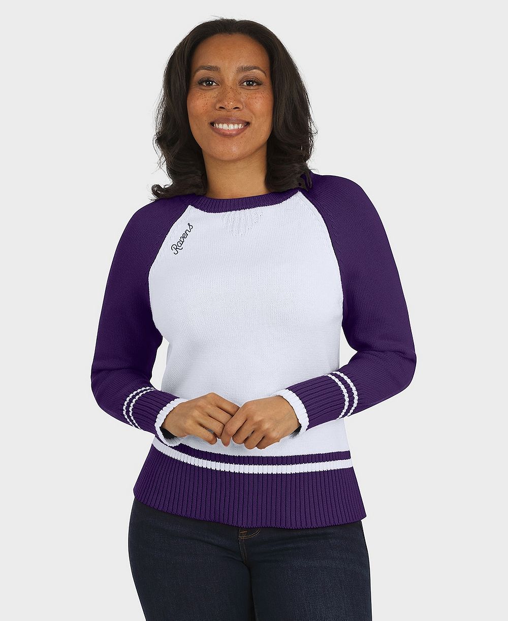 WEAR by Erin Andrews Women's White/Purple Baltimore Ravens Color block Raglan Sweater