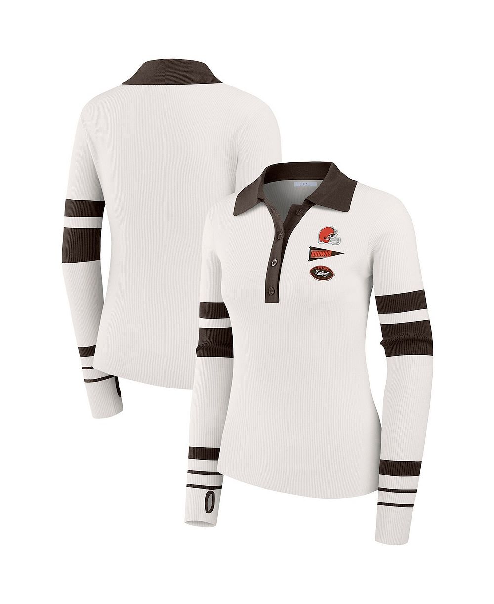 WEAR by Erin Andrews Women's White Cleveland Browns Ribbed Henley Polo Sweater