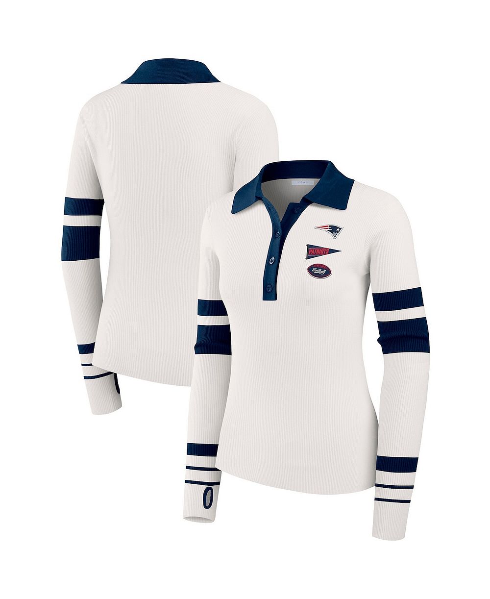 WEAR by Erin Andrews Women's White New England Patriots Ribbed Henley Polo Sweater